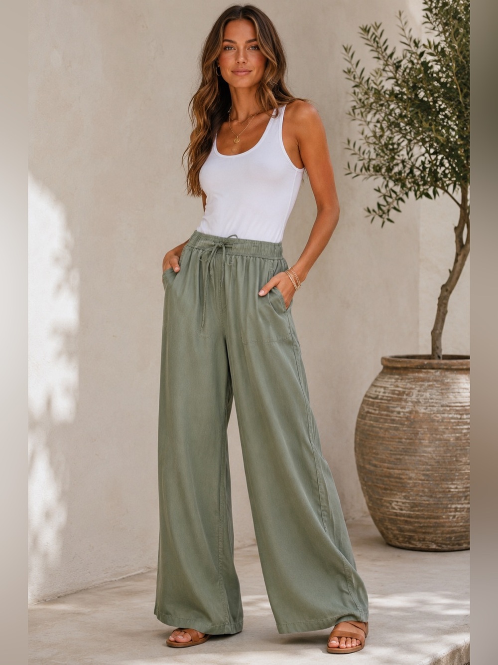 Nine West Lightweight Twill Wide Leg Pull On Pants Olive Lyocell Size L NWT